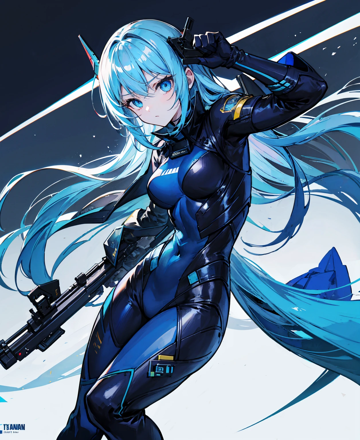 There is no background,girl,carry a firearm,Enamel-like tight suit,use of firearms,Navy blue long hair,attention arousal,Blue colored eyes,no gradation