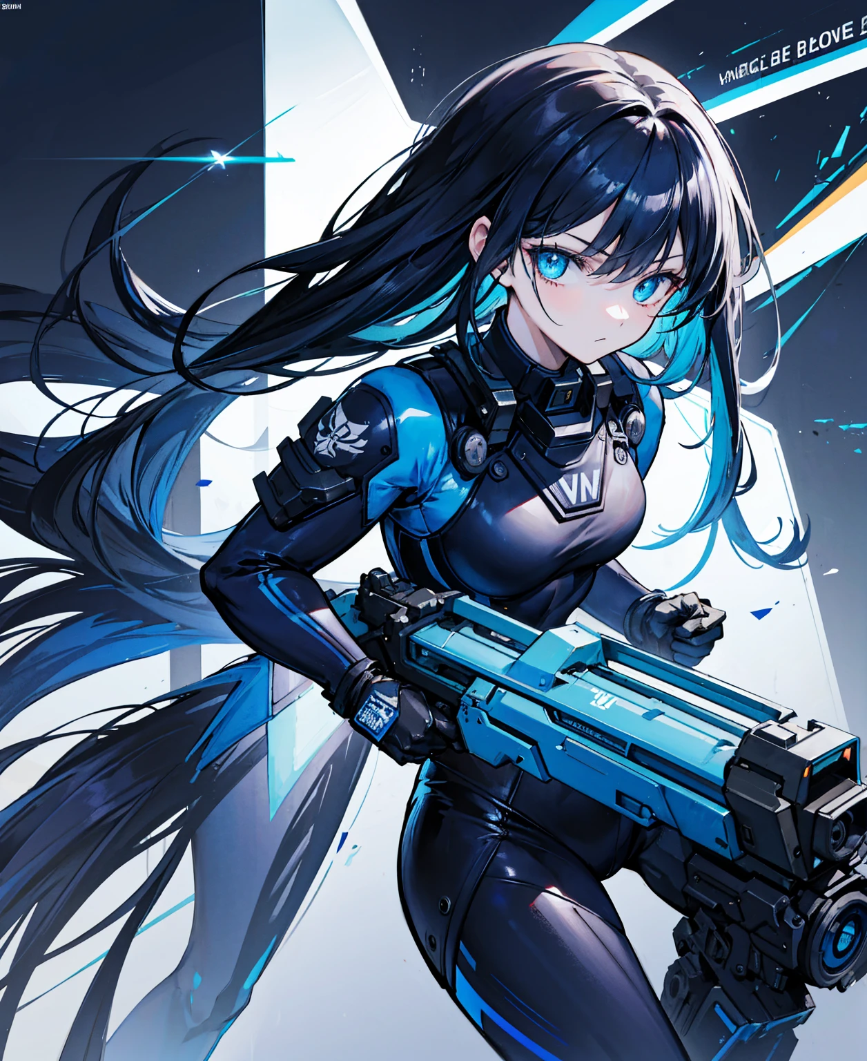 There is no background,girl,carry a firearm,Enamel-like tight suit,use of firearms,Navy blue long hair,attention arousal,Blue colored eyes,no gradation