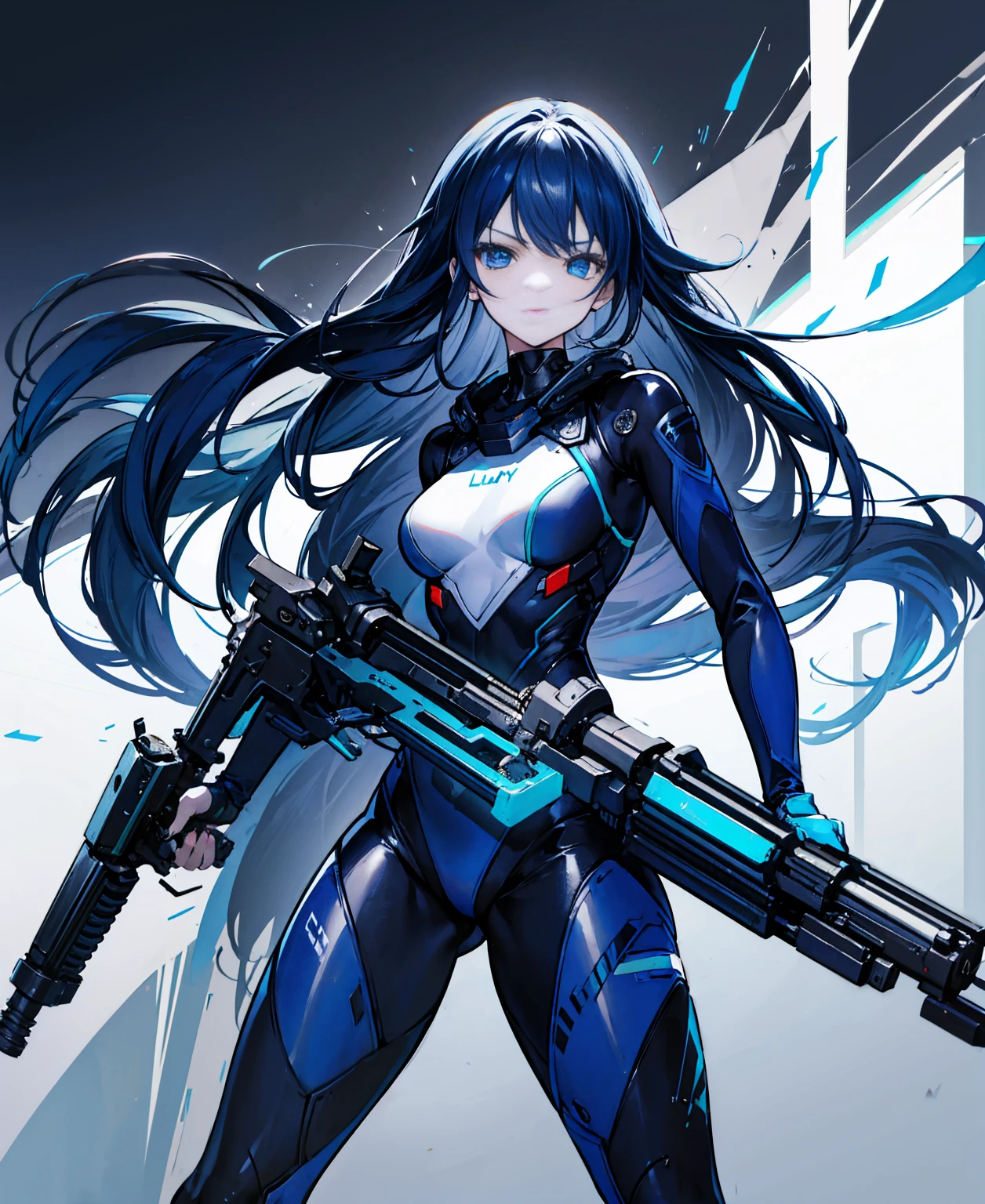 There is no background，girl，carry a firearm，Enamel-like tight suit，use of firearms，Navy blue long hair，attention arousal，Blue colored eyes,no gradation