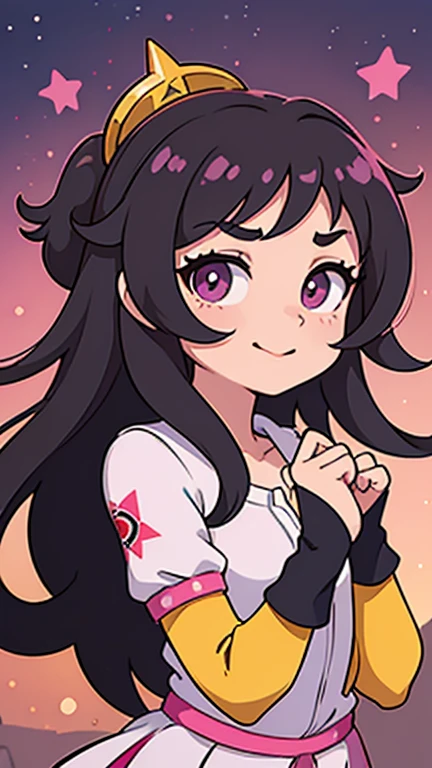 guantes, lengua sticking out, pelo largo, estrella (symbol), Ver visor, (cabello purpura: 1.2), ojos morados, parte superior del cuerpo, adorno para el pelo, volantes, pink camisa, sonrisa, sin mangas, camisa, idol, symbol shaped pupil, manos levantadas, golpes, one side up, estrella-shaped pupils, brazos levantados mirando al espectador, Signo de la paz, mano levantada, lengua out, of the highest quality, high resolution.