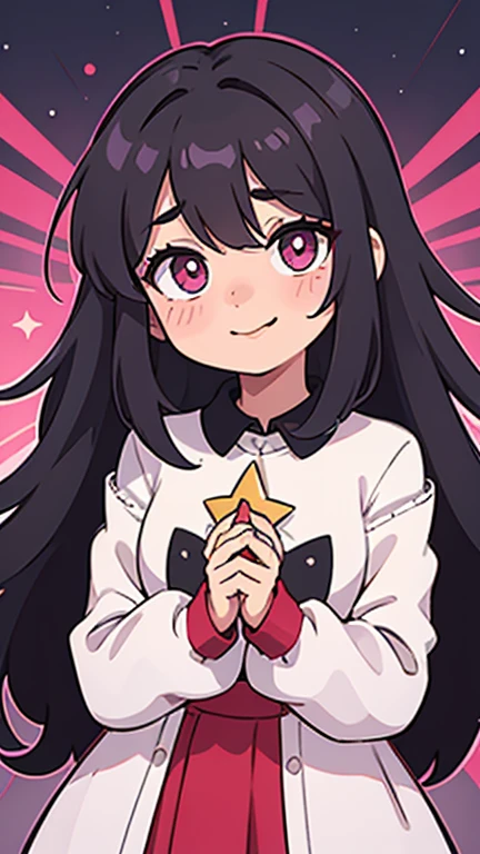 guantes, lengua sticking out, pelo largo, estrella (symbol), Ver visor, (cabello purpura: 1.2), ojos morados, parte superior del cuerpo, adorno para el pelo, volantes, pink camisa, sonrisa, sin mangas, camisa, idol, symbol shaped pupil, manos levantadas, golpes, one side up, estrella-shaped pupils, brazos levantados mirando al espectador, Signo de la paz, mano levantada, lengua out, of the highest quality, high resolution.