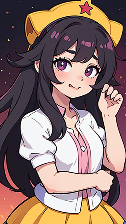 guantes, lengua sticking out, pelo largo, estrella (symbol), Ver visor, (cabello purpura: 1.2), ojos morados, parte superior del cuerpo, adorno para el pelo, volantes, pink camisa, sonrisa, sin mangas, camisa, idol, symbol shaped pupil, manos levantadas, golpes, one side up, estrella-shaped pupils, brazos levantados mirando al espectador, Signo de la paz, mano levantada, lengua out, of the highest quality, high resolution.