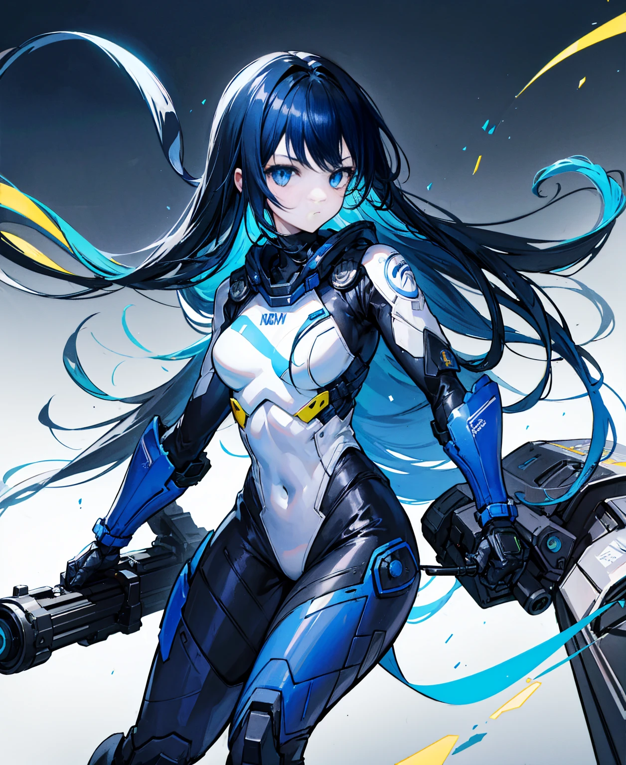 There is no background，girl，carry a firearm，Enamel-like tight suit，use of firearms，Navy blue long hair，attention arousal，Blue colored eyes,no gradation