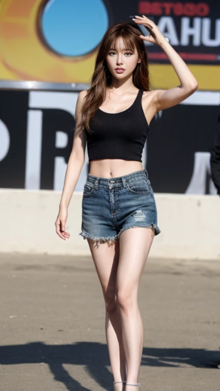Inspired by action movies、movie stills、(best quality、Ultra HD resolution:1.3)、(original photo:1.5)、1 beautiful girl、Real People、Real face、Perfect body、Free color fashion、Tight shorts、Slender long legs、Glamorous heels、Standing、