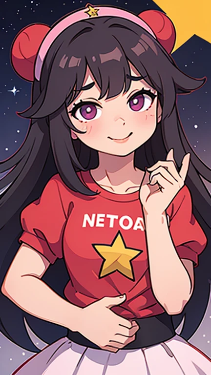 guantes, lengua sticking out, pelo largo, estrella (symbol), Ver visor, (cabello purpura: 1.2), ojos morados, parte superior del cuerpo, adorno para el pelo, volantes, pink camisa, sonrisa, sin mangas, camisa, idol, symbol shaped pupil, manos levantadas, golpes, one side up, estrella-shaped pupils, brazos levantados mirando al espectador, Signo de la paz, mano levantada, lengua out, of the highest quality, high resolution.