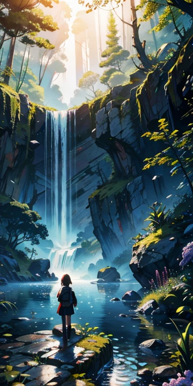 China, spring, jungle, lake, cave, Fall, Tree, grassland, rock, deer, hot spring, water vapor, 1 girl watching the scene, (illustration: 1.0), Epic creation, Realistic lighting,detailed,Practical,4K Fine Digital Art,Octane Rendering, Bioluminescence, BREAK 8K resolution concept image, realism,Designed by Mappa Studio,masterpiece,best quality,official art,illustration,Clear lines,(Cool_color),vibrant color,perfect composition,absurd, fantasy,Focus,Rule of Thirds,