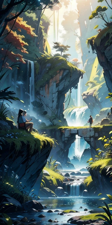 China, spring, jungle, lake, cave, Fall, Tree, grassland, rock, deer, hot spring, water vapor, 1 girl watching the scene, (illustration: 1.0), Epic creation, Realistic lighting,detailed,Practical,4K Fine Digital Art,Octane Rendering, Bioluminescence, BREAK 8K resolution concept image, realism,Designed by Mappa Studio,masterpiece,best quality,official art,illustration,Clear lines,(Cool_color),vibrant color,perfect composition,absurd, fantasy,Focus,Rule of Thirds,