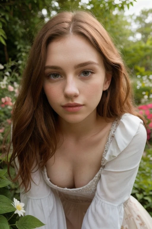Close-up of a woman in a white dress sitting in a garden, portrait of sophie mudd, very beautiful model, Gorgeous young model, beautiful young girl, Sattani Water Tank, A beautiful young woman, a beautiful girl, Cute young woman, Naturally soft and pale skin, very beautiful young woman, a Cute young woman, sydney sweeney, Beautiful girl model 