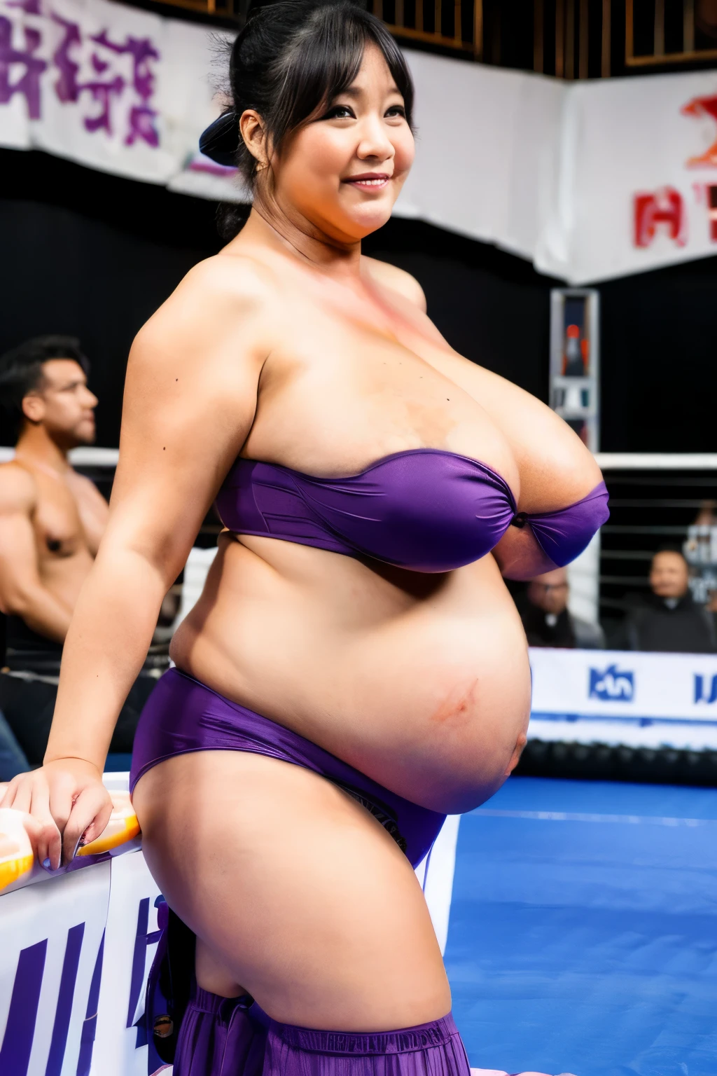 4k, 1 bbw mature, japanese, 45 years old, nsfw, topless, looking at viewer, shoot from front, full body standing, hand waving, Obese, Plump, bombshell, Enormous Breasts, Sagging breasts, gigantic breasts, puffy nipple, miky dark areola, large areola, Pubic hair, Overweight Body, Bulky legs, Wide waist, Flabby, Postpartum, pony tail, somo costume, purple japanese sarong, high heels, milk is dripping out her nipple, Pubic hair slip out from sarong, in crowd sumo fighting arena
