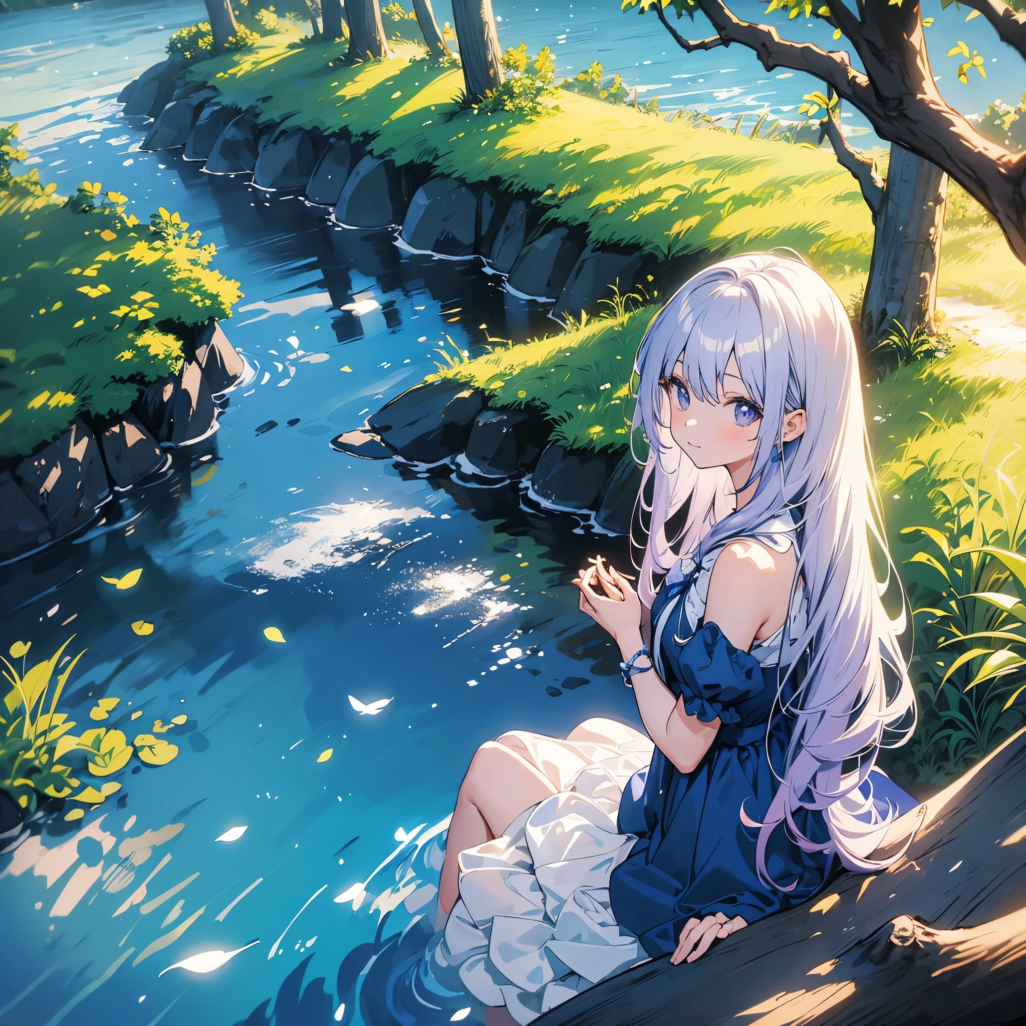 Anime Girl, blue dress, white with a hint of light purple hair, sitting by the river, forest, nature, current, Night, sunset, the grass glows blue.
