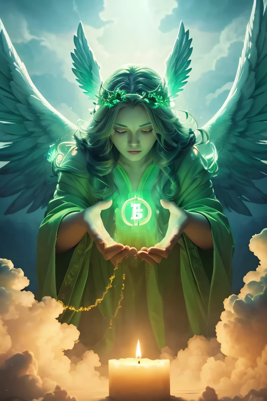 (giant green godlike candle,angels flying around,giant clouds,bitcoin symbol,ethereal atmosphere,heavenly glow) (masterpiece:1.2),ultra-detailed,realistic,concept artists,vivid colors,landscape,ethereal lighting