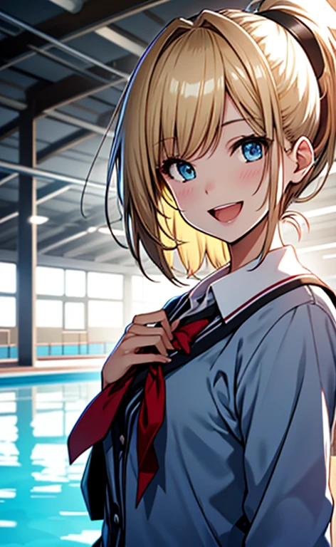 (realistic:1.4、masterpiece、top-quality、8k size wallpaper、offcial art)、(character focus、,upper body:1.6)、(1girl),(Open mouth happy smile:1.3),(),cute face,blue eyes、()、
,(stand),(Shining smile),
,(slender),(school uniform),(ponytail、longblonde hair1.3), (small breasts)、
、fluorescence、pool,JK、