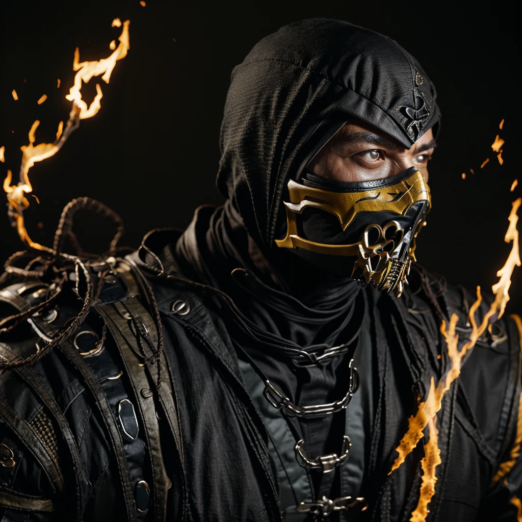 Hanzo Hasashi is the Scorpion character from Mortal Kombat. Realistic version, full body, ninja suit faithful to the original character, black suit with yellow identical to the mortal kombat character. in Hell, intense fire, Skull Face or Face, part of the Skull Eyes and its Mouth Covered with its Usual Mask. realistic