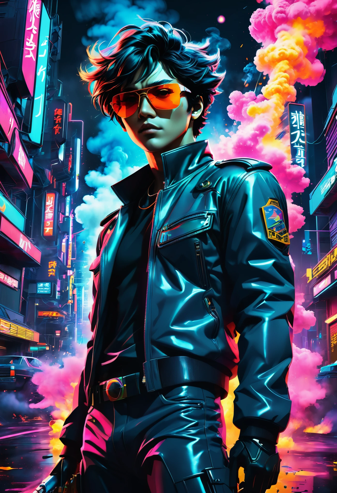 ultra-detailed,jet black character,cowboy bebop,the movie,anime,stylish,vibrant colors,edgy attitude,cel-shaded style,explosive action,sleek design,twisted plot,sci-fi noir vibe,neon lights,futuristic cityscape,sunglasses,smoking,cool pose,blues and grays,colorful explosions,intense fight scenes,gritty atmosphere,fast-paced chase sequences,electric guitar soundtrack,deep storyline
