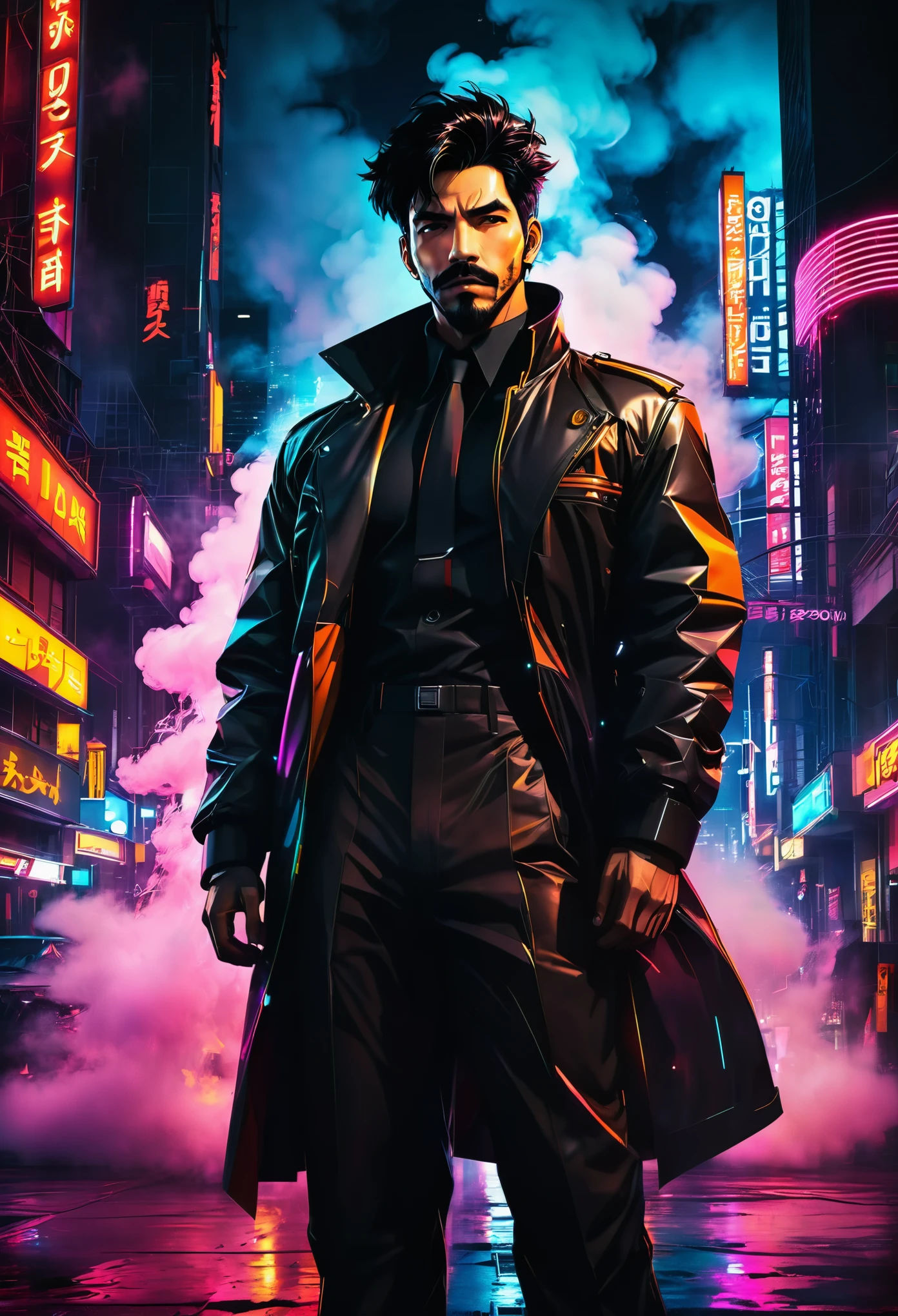jet black character from cowboy bebop,anime,male,serious expression,short black hair,beard and mustache,deep voice,big and muscular,brown eyes,intense gaze,black suit,Detroit,cityscape,night scene,neon lights,moody atmosphere,cyberpunk,futuristic style,dark and gritty,colorful and vibrant,high contrast lighting,smoke and fog,urban setting,composition rule of thirds, dynamic perspective,high quality,masterpiece:1.2,ultra-detailed,realistic:1.37,vivid colors,dramatic shadows,bokeh.