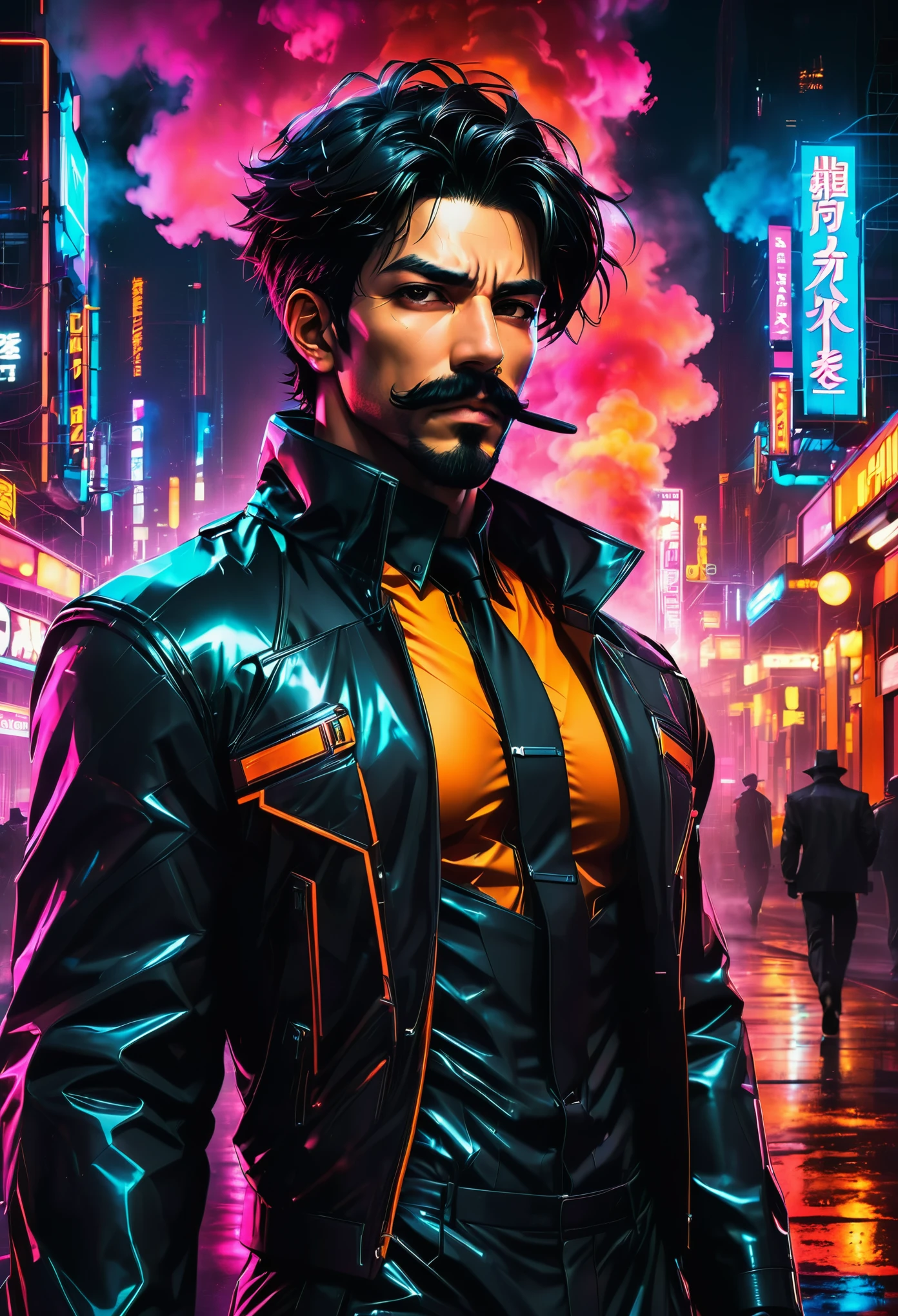 jet black character from cowboy bebop,anime,male,serious expression,short black hair,beard and mustache,deep voice,big and muscular,brown eyes,intense gaze,black suit,Detroit,cityscape,night scene,neon lights,moody atmosphere,cyberpunk,futuristic style,dark and gritty,colorful and vibrant,high contrast lighting,smoke and fog,urban setting,composition rule of thirds, dynamic perspective,high quality,masterpiece:1.2,ultra-detailed,realistic:1.37,vivid colors,dramatic shadows,bokeh.