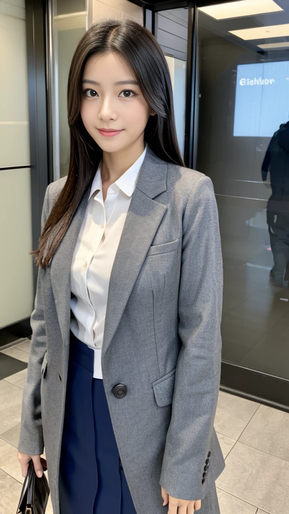 Japanese Beauty、Looking here、front photo、Photorealistic、Full-body photo、Gray office uniform、OL、Office Lady
