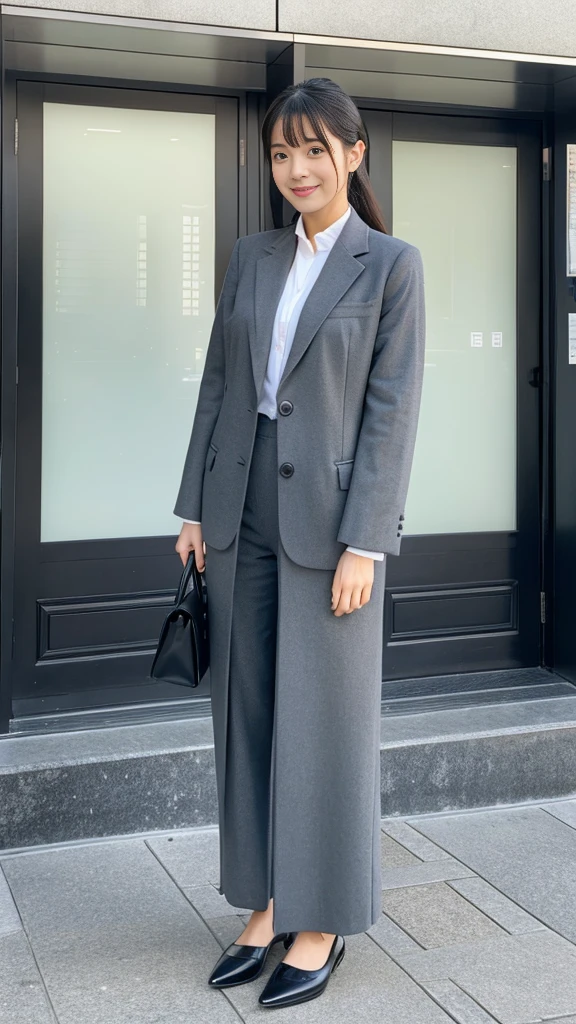 Japanese Beauty、Looking here、front photo、Photorealistic、Full-body photo、Gray office uniform、OL、Office Lady