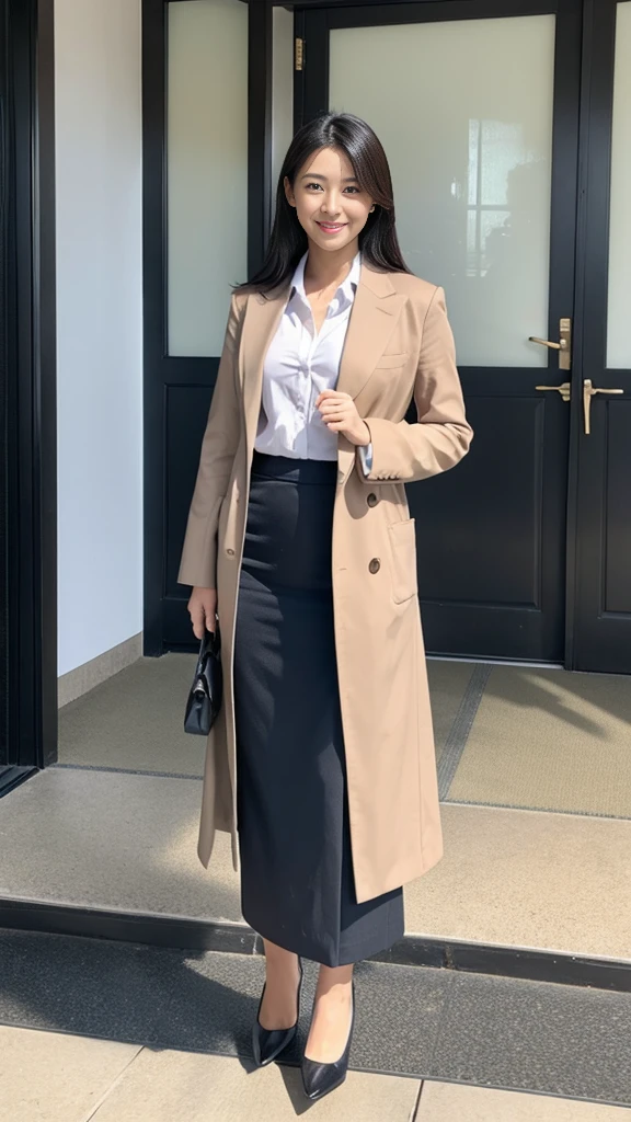 Japanese Beauty、Looking here、front photo、Photorealistic、Full-body photo、Gray office uniform、OL、Office Lady
