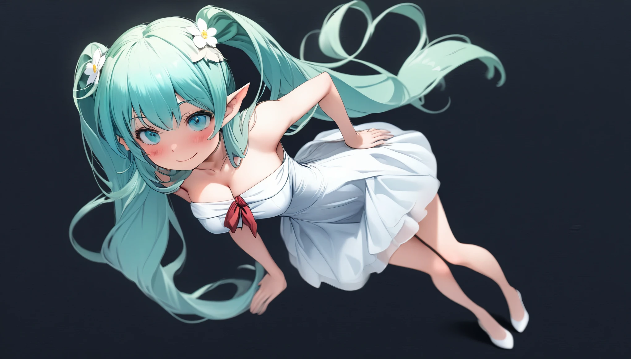 (masterpiece, highest resolution,highest quality ), 1 elven girl, ( bare breasts, thigh), (aqua hair, twin tails ,very long hair , floating hair ), full body, hand on hip ,hair between eyes, multi colored hair, hair flower ornament ,(blush, smile, close eyes), close mouth, party dress, white dress , strapless dress, (Open the front of the dress chest very wide), large breasts, pointed ears, ((simple background, black background))