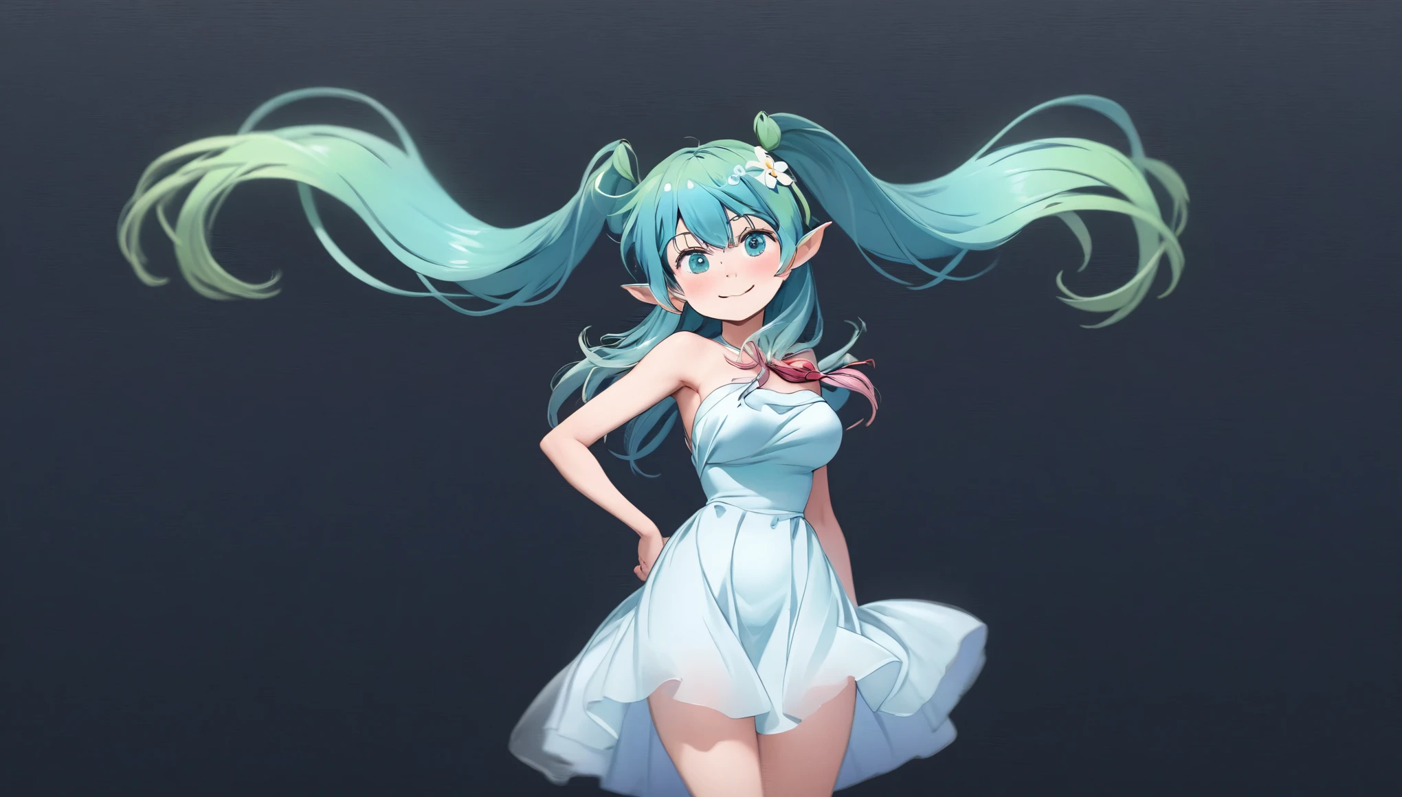 (masterpiece, highest resolution,highest quality ), 1 elven girl, ( bare breasts, thigh),  (aqua hair, twin tails ,very long hair , floating hair ), full body, hand on hip ,hair between eyes, multi colored hair, hair flower ornament ,(blush, smile, close  eyes), close mouth, party dress,  white dress , strapless dress, (Open the front of the  dress chest very wide), large breasts, pointed ears, ((simple background,  black background))