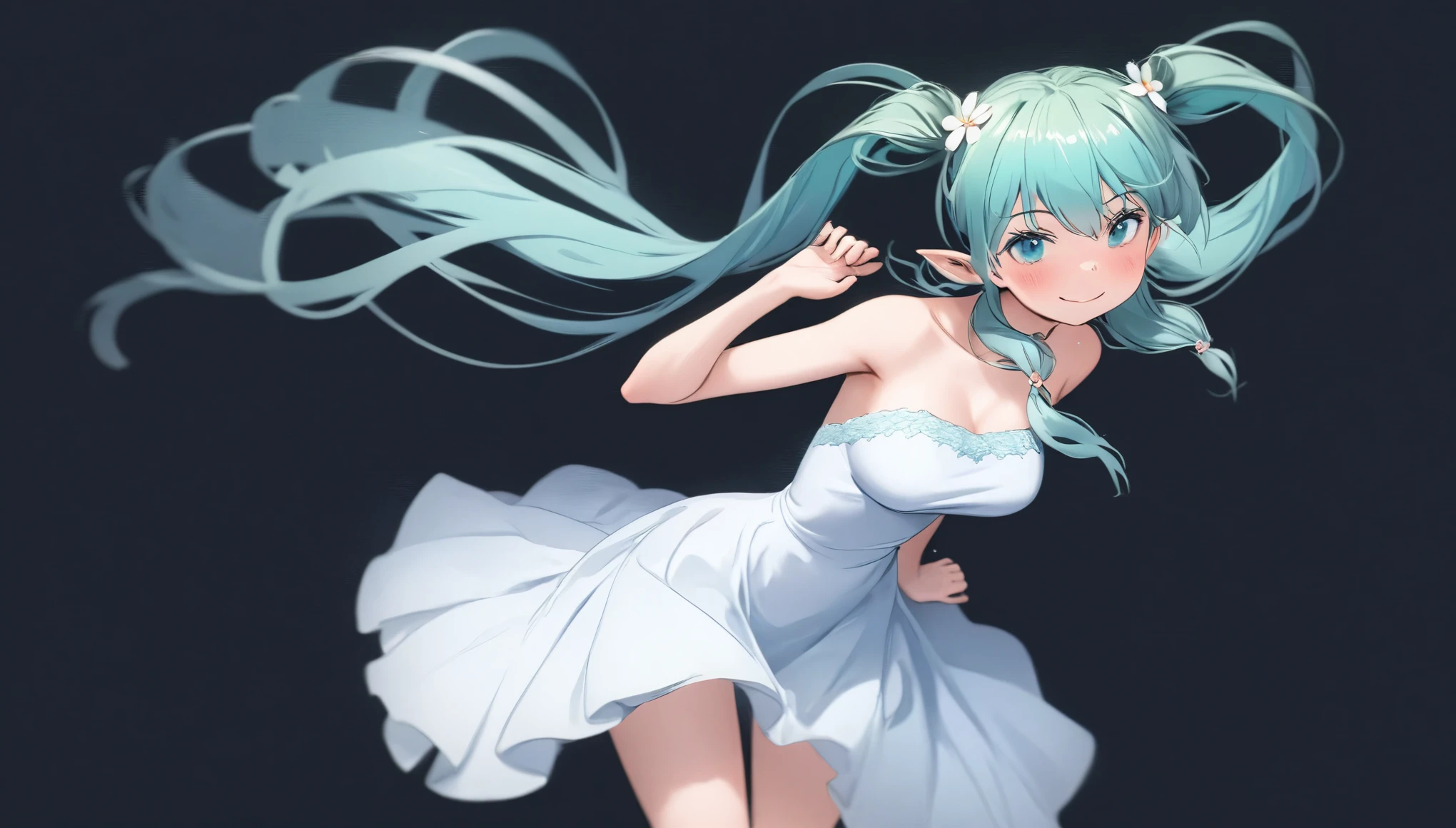 (masterpiece, highest resolution,highest quality ), 1 elven girl, ( bare breasts, thigh),  (aqua hair, twin tails ,very long hair , floating hair ), full body, hand on hip ,hair between eyes, multi colored hair, hair flower ornament ,(blush, smile, close  eyes), close mouth, party dress,  white dress , strapless dress, (Open the front of the  dress chest very wide), large breasts, pointed ears, ((simple background,  black background))