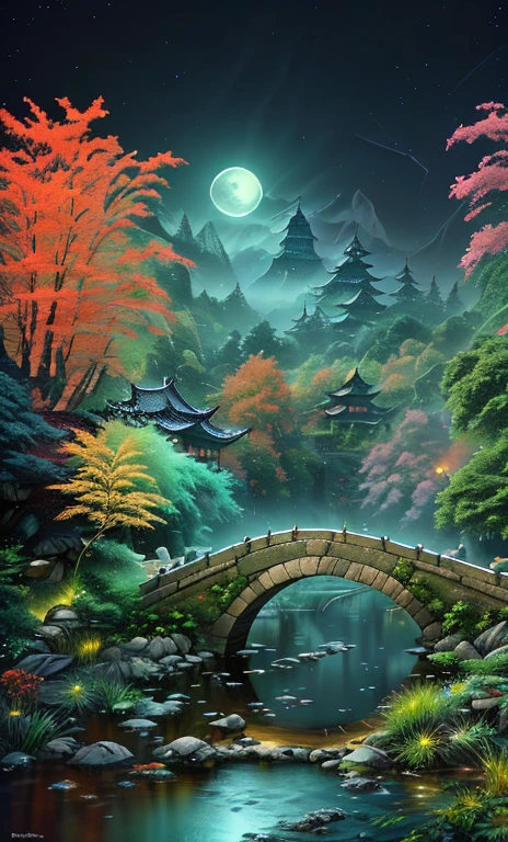 ((Diffuse color)) Ancient Chinese architecture, Cool colors, Night, moon, garden, bamboo, lake, Stone Bridge, rockery, arch, corner, Tree, tap water, landscape, outdoor, Fall, Grass, rock, Heavy rainfall, thunderstorm, There are vines all around, giant and wet Trees, with glowing leaves in the Trees, Glowing fireflies and glowing particle effects, masterpiece, best quality, high quality, Extremely detailed CG unity 8k wallpaper, painting, Award-winning photography, Bokeh, Depth of Field, HDR, Bloom, ,Reality,Extremely detailed, Popular on artstation, Popular on CGSociety, Wheels within wheels, High Detail, dramatic, midjourney's Artwork, Volumetric Lighting