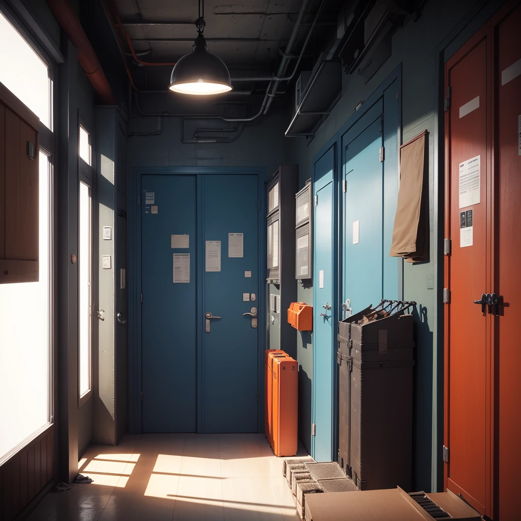 the call of duty armory is a dark room with white lights and not windows, there are weapon cases, military boxes in blue color, military boxes in orange color, no people, a lot of smoke from cigar