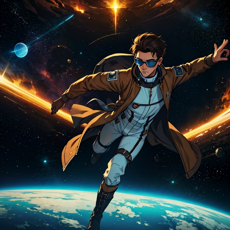  top quality, best quality, human Male , Pointy hair , wearing Space outfit , Brown wearing Jacket , wearing goggles, Liminal Space , wearing Boots ,