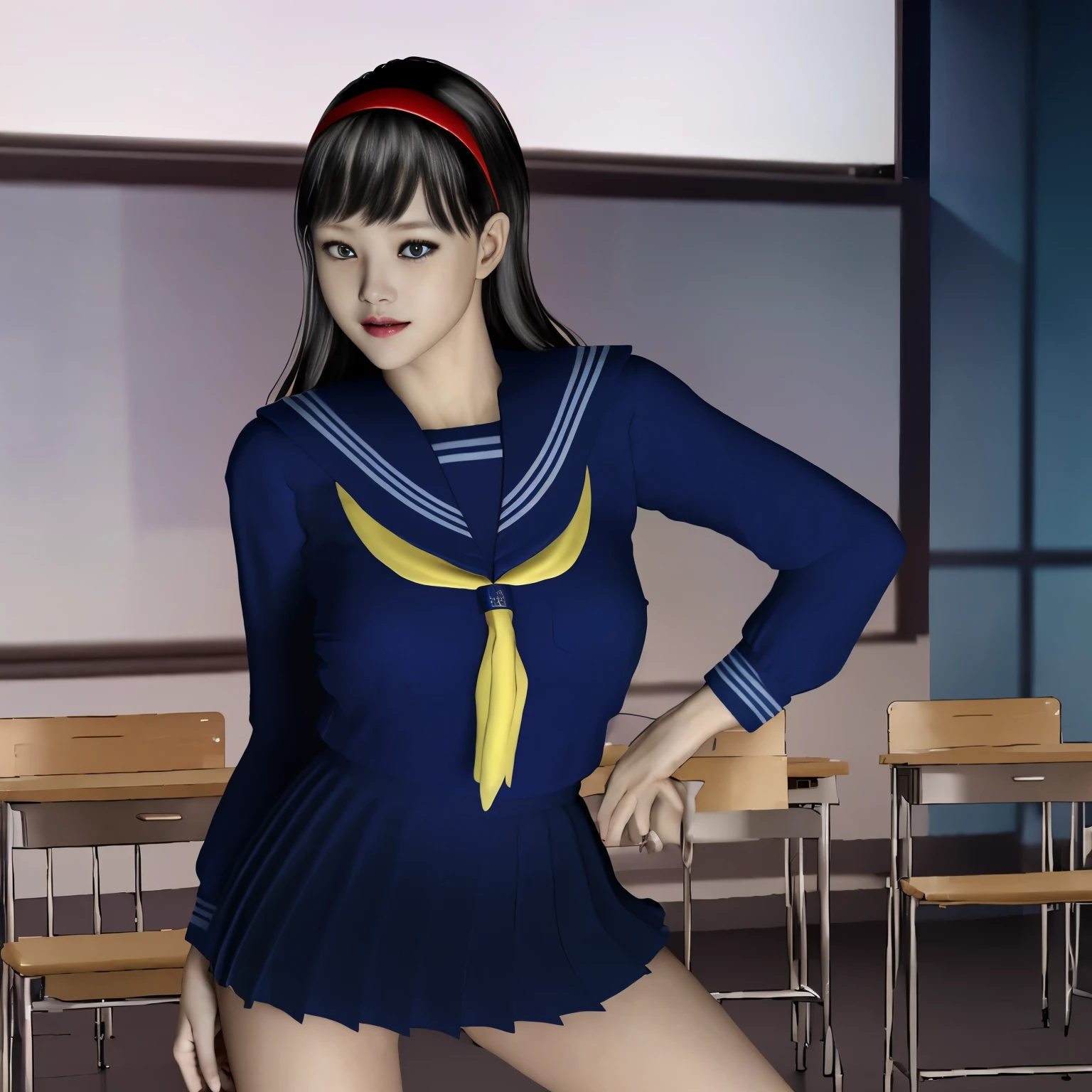 (Detailed CG、Unity、8K Wallpaper)、(Very delicate and beautiful)、(masterpiece)、(highest quality:1.2)、(超A high resolution:1.3)、(Beautiful realistic Asian),Beautiful lighting、Perfect Lightning、Realistic Shadows、Fine skin、Very detailed、Detailed face and eyes、Realistic eyes、Sharp pupils、Huge , In the classroom、School、sunset、Beautiful Face、blurred background、(Japanese women)、Glowing Skin、Side Up、Beautiful black hair、Blunt bangs、Japan High School Sailor Uniform、Pleated mini skirt、A kind smile, ((Tabletop, highest quality)), (Glowing Skin), Cinematic lighting, Physically Based Rendering, Award-winning, Highly detailed skin, Highly detailed face, Beautiful eyes in every detail, Carl Zeiss 85mm F/1.4, (Cowgirl:1.3), (cumin , on the chest and thighs), she&#39;To a very cute 16 year old , (brown hair, Straight Long Hair, Open your eyes, Round face), Big cleavage, (sailor blouse, Pull up the pleated skirt yourself:1.3), Watching from afar, (Spread your legs, Thigh Focus),art by、