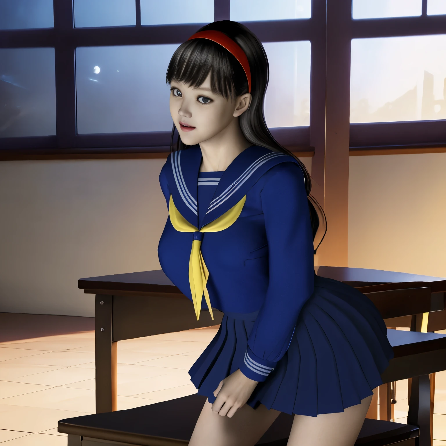 (Detailed CG、Unity、8K Wallpaper)、(Very delicate and beautiful)、(masterpiece)、(highest quality:1.2)、(超A high resolution:1.3)、(Beautiful realistic Asian),Beautiful lighting、Perfect Lightning、Realistic Shadows、Fine skin、Very detailed、Detailed face and eyes、Realistic eyes、Sharp pupils、Huge , In the classroom、School、sunset、Beautiful Face、blurred background、(Japanese women)、Glowing Skin、Side Up、Beautiful black hair、Blunt bangs、Japan High School Sailor Uniform、Pleated mini skirt、A kind smile, ((Tabletop, highest quality)), (Glowing Skin), Cinematic lighting, Physically Based Rendering, Award-winning, Highly detailed skin, Highly detailed face, Beautiful eyes in every detail, Carl Zeiss 85mm F/1.4, (Cowgirl:1.3), (cumin , on the chest and thighs), she'To a very cute 16 year old , (brown hair, Straight Long Hair, Open your eyes, Round face), Big cleavage, (sailor blouse, Pull up the pleated skirt yourself:1.3), Watching from afar, (Spread your legs, Thigh Focus),art by、