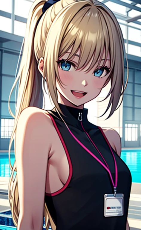 (realistic:1.4、masterpiece、top-quality、8k size wallpaper、offcial art)、(character focus、,upper body:1.6)、(1girl),(Open mouth happy smile:1.3),(),cute face,blue eyes、()、
,(stand),(Shining smile),
,(slender),(school swimsuit),(ponytail、longblonde hair1.3), (small breasts)、
、fluorescence、pool,JK、