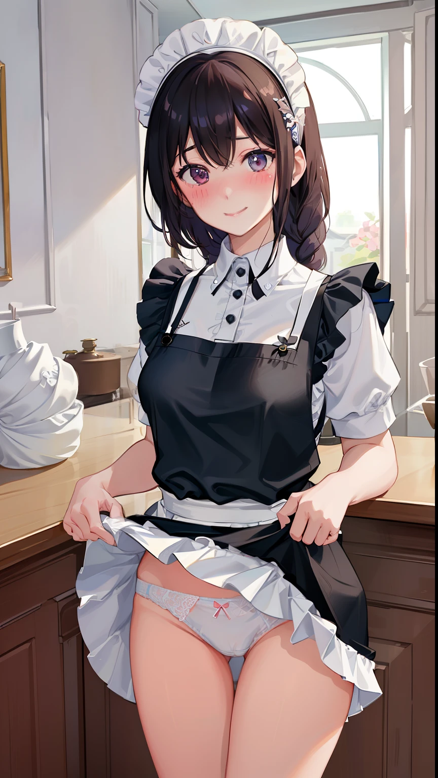 highest quality、masterpiece、((1 girl))、((smile))、(blush:1.3)、Black Shirt、blouse、((fun!!))、(Small breasts)、(single braid)、()、()、((White apron:1.5))、((Maid))、((hair ornaments)),、Kamimei、look at me、 ((in house:1.5))、 Taking a break from watching the audience、Cowboy Shot、(skirt lift:1.3),(Highly detailed white panties:1.3)、(highly detailed panties:1.3)、、(スカート that rolls up:1.3)、(Panties fully exposed:1.5)、