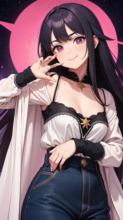 guantes, lengua sticking out, pelo largo, estrella (symbol), Ver visor, (cabello purpura: 1.2), ojos morados, parte superior del cuerpo, adorno para el pelo, volantes, pink camisa, sonrisa, sin mangas, camisa, idol, symbol shaped pupil, manos levantadas, golpes, one side up, estrella-shaped pupils, brazos levantados mirando al espectador, Signo de la paz, mano levantada, lengua out, of the highest quality, high resolution.