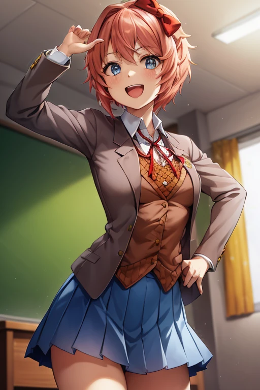 2d, masterpiece, best quality, anime, highly detailed, cowboy shot, 1girl, solo, sayori, blue eyes, pink hair, short hair, hair bow, red bow, , blazer, brown sweater, collared shirt, neck ribbon, blue skirt, standing, clenched hands, :d, classroom, standing
leg up