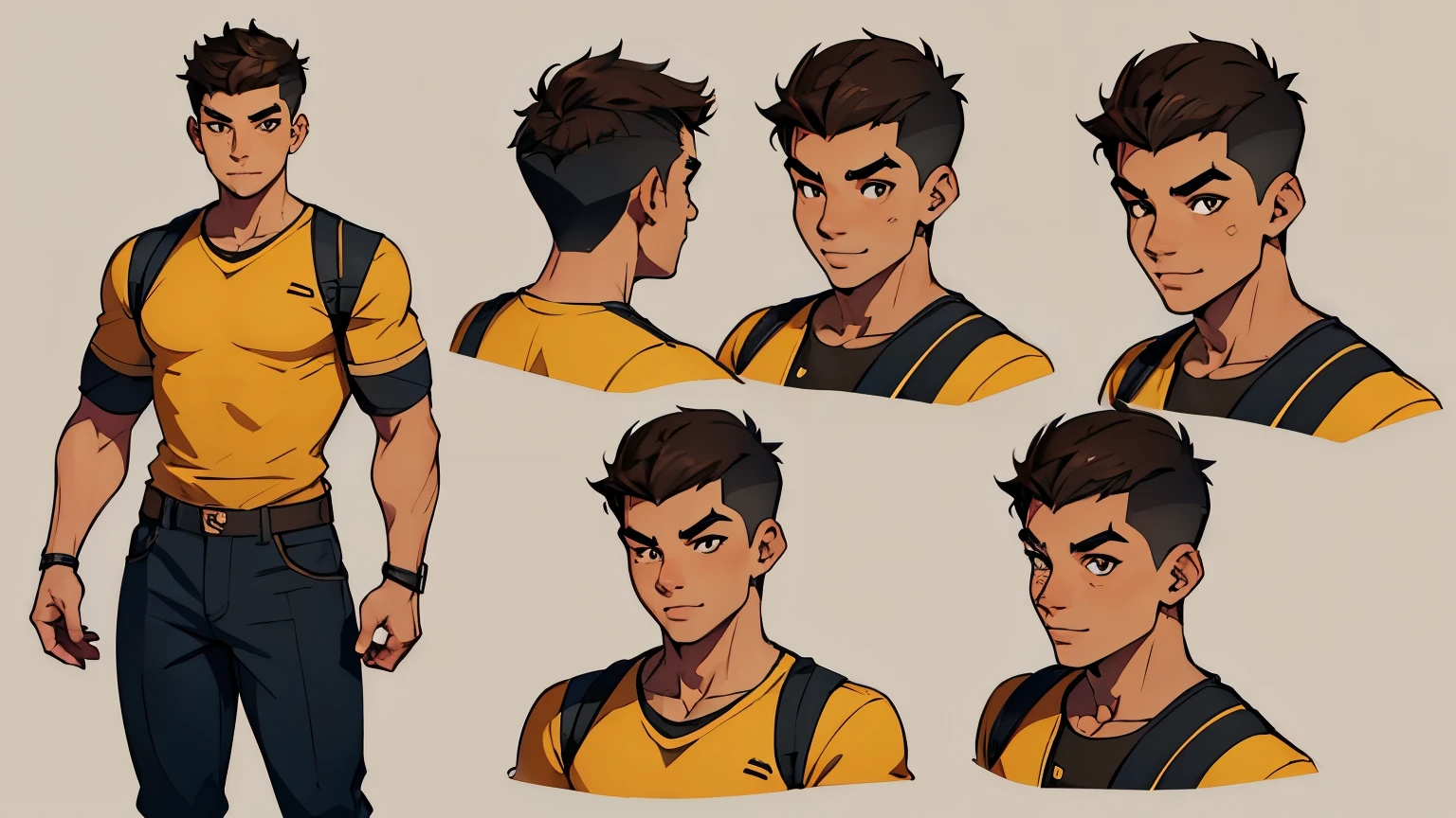 Male original character reference sheet adoptable, 1 asian guy, very short hair, shaved sides, light brown skin color, t-shirt, cute, smiling