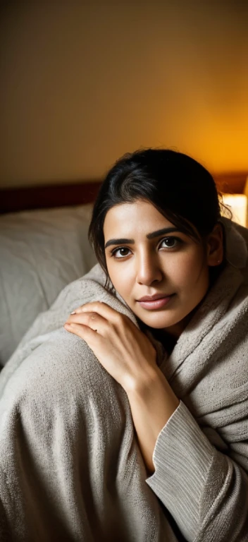 Portrait of samantha ruth prabhu, face,Capture the intimate moment of a woman in her bedroom at night, immersed in her private thoughts and emotions. The scene should be illuminated by the soft glow of a bedside lamp or moonlight filtering through the curtains, casting gentle shadows across the room. The woman is seated on her bed, perhaps with her legs curled up or stretched out comfortably, surrounded by pillows and blankets. Her expression is contemplative, with a hint of vulnerability as she reflects on her day or contemplates the future. The atmosphere should evoke a sense of solitude and introspection, allowing the viewer to empathize with the woman's innermost thoughts and feelings.