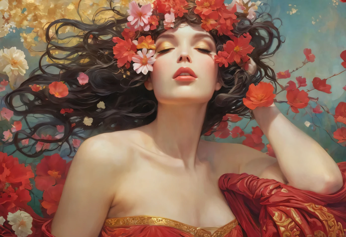 a painting of a woman with a flower crown on her head, flower goddess, woman in flowers, she has a crown of flowers, a goddess in a field of flowers, covered with flowers, mucha klimt and tom bagshaw, girl in flowers, persephone in spring, flower queen, goddess of spring, jinyoung shin art, female portrait with flowers, RAW photo of (adult:1.3),a  female burst of tangy crimson cascades,entwining magic and technology with viscous allure disappears into the shadows,in a neo-expressionist masterpiece of gold embrace,topless,small breasts,hair between eyes,(skinny, thin body:0.4),(chiaroscuro:1.3),(octane render masterpiece,masterpiece scale,beautiful depth of field,ultra wide field,ultra detailed CG perspective,ultra dynamic lighting amazing shadows,dramatic lighting), Convey the sense of inner strength and confidence. Introduce a gentle, atmospheric haze in the environment, creating a soft diffusion of light and giving the impression of gold aura and presence.