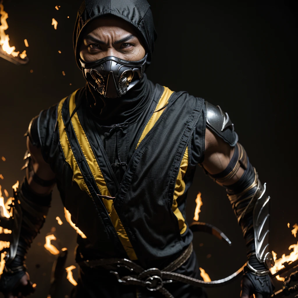 1 man, Hanzo Hasashi is the Scorpion character from Mortal Kombat. Realistic version, ((full body)), ((ninja suit faithful to the original character)), Black suit with Yellow identical to the Mortal Kombat Character. in Hell, intense fire, Skull Face or Face, part of the Skull Eyes and its Mouth Covered with its Usual Mask. realistic, angry. no extra limbs