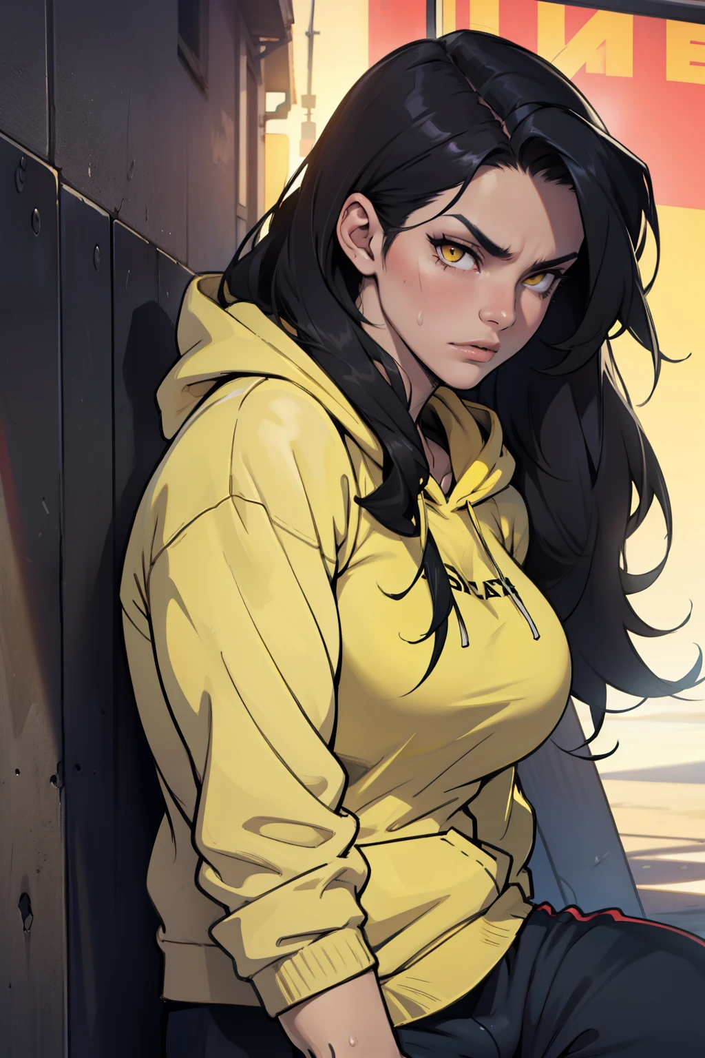 ((1girl muscular)) pale skin black hair very long hair yellow eyes large breasts hoodie sweatpants close up