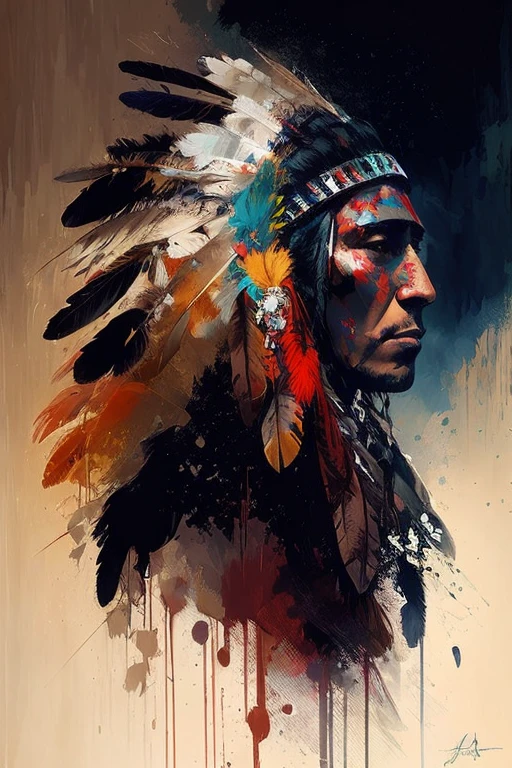USE NEUTRAL COLORS , ABSTRACT PAINTING , a painting of a man with a feather headdress on his head, indian warrior, native american, native american art, native american warrior, native art, a native american warrior, tribal paint, red cloud, digital painting style, indian, indigenous, stunning art style, extremely high quality artwork, digital painting art, indigenous man, high quality digital painting