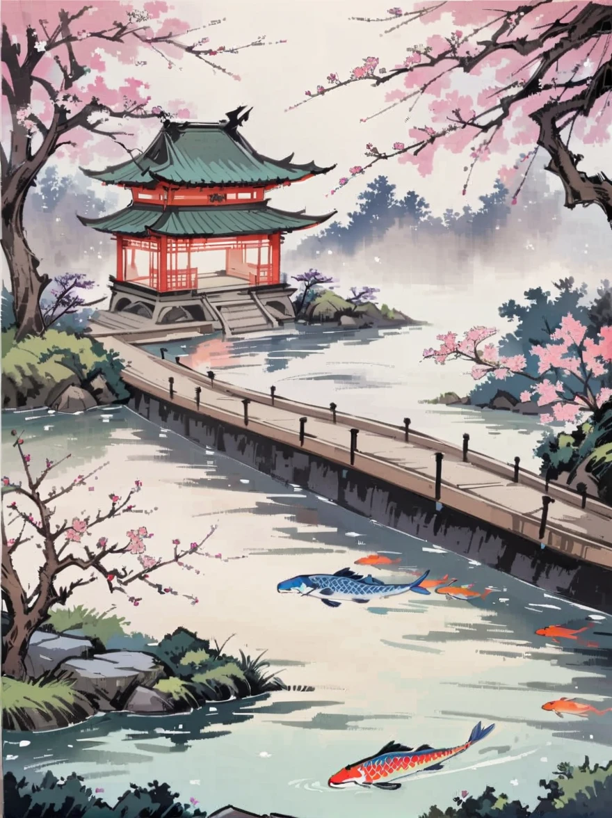 Depicting traditional Japanese fantasy scenes. In this setting, There should be a majestic water dragon, Exquisite details，Decorated with sparkling, multi-colored scales. This dragon is jumping out of a lively koi pond, Nestled in the lush, Lush Japanese Garden. The surrounding gardens are full of tranquility, Cherry blossom trees in full bloom and a quaint stone bridge across a pond. The background should be a mysterious, Moonlit night with stars, Adds a charming atmosphere to the scene.