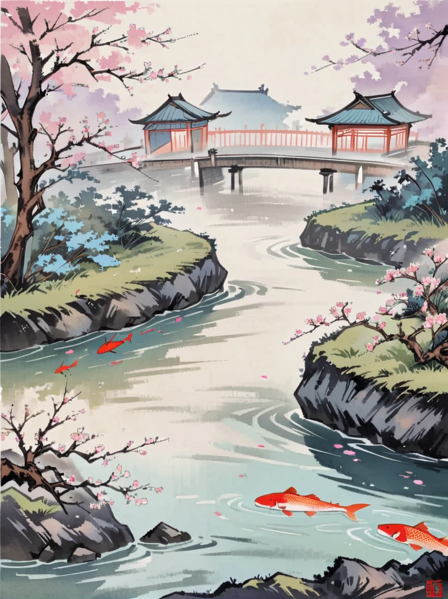Depicting traditional Japanese fantasy scenes. In this setting, There should be a majestic water dragon, Exquisite details，Decorated with sparkling, multi-colored scales. This dragon is jumping out of a lively koi pond, Nestled in the lush, Lush Japanese Garden. The surrounding gardens are full of tranquility, Cherry blossom trees in full bloom and a quaint stone bridge across a pond. The background should be a mysterious, Moonlit night with stars, Adds a charming atmosphere to the scene.