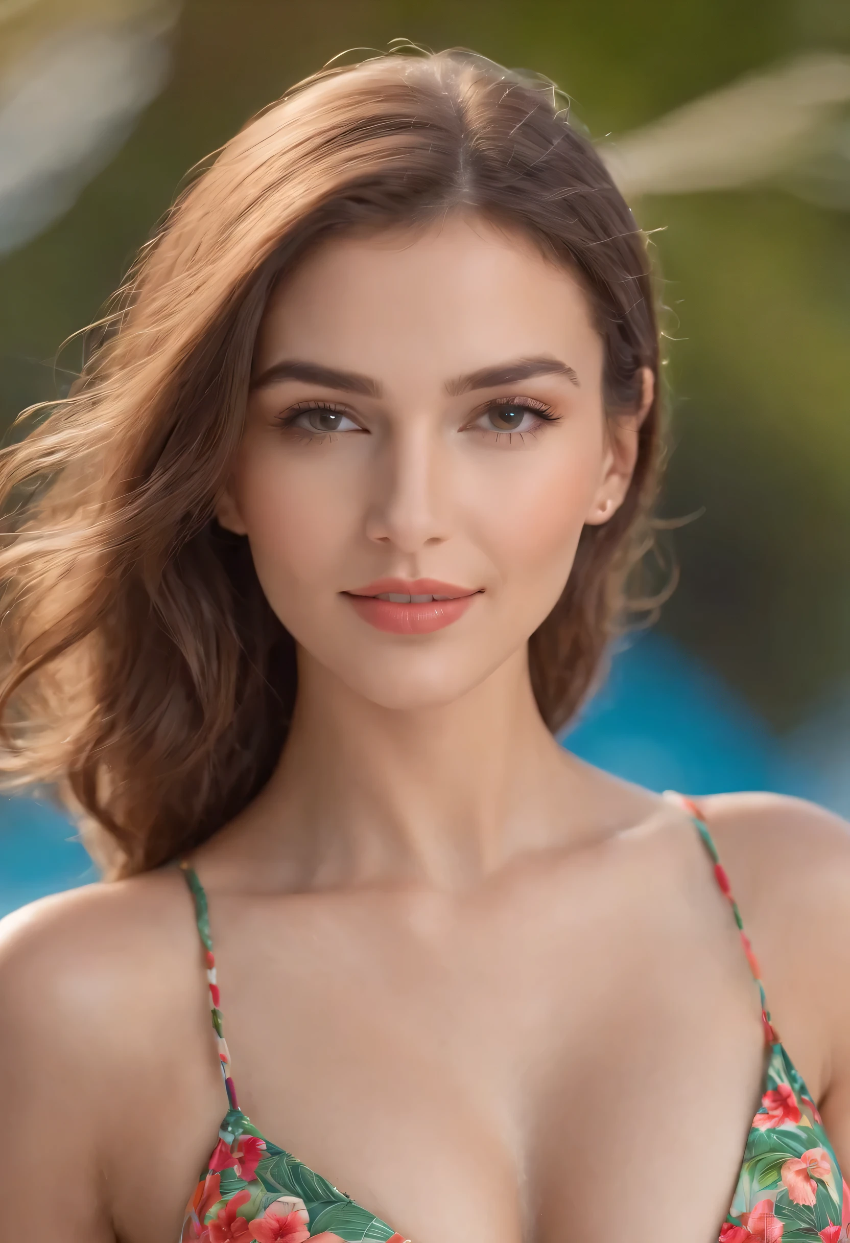 bandeau Bikini, cleavage visible, soft large breasts, smile, Ukrainian Beautiful model, tropical beach, 1 girl with a beautiful face, (Photo 4K:1.1) , (Sharp Focus:1.3), High Detail, Instagram Pattern Pose, confident, slim girl, big tits:1.3, perfect anatomy, perfect symmetry:1.3, perfect face, content, confident, very detailed, and dramatic, Lighting scene, bright lighting, short hair