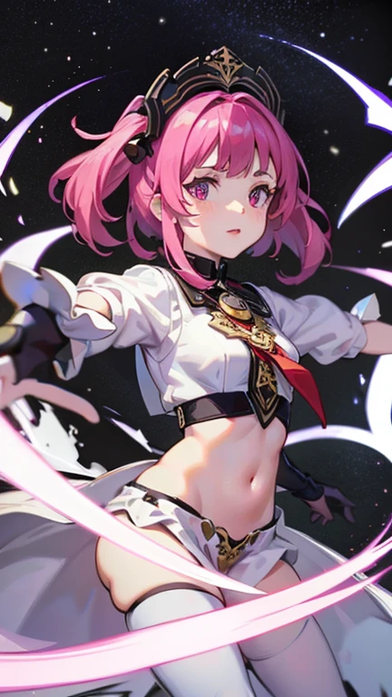 guantes, lengua sticking out, pelo largo, estrella (symbol), Ver visor, (cabello purpura: 1.2), ojos morados, parte superior del cuerpo, adorno para el pelo, volantes, pink camisa, sonrisa, sin mangas, camisa, idol, symbol shaped pupil, manos levantadas, golpes, one side up, estrella-shaped pupils, brazos levantados mirando al espectador, Signo de la paz, mano levantada, lengua out, of the highest quality, high resolution.