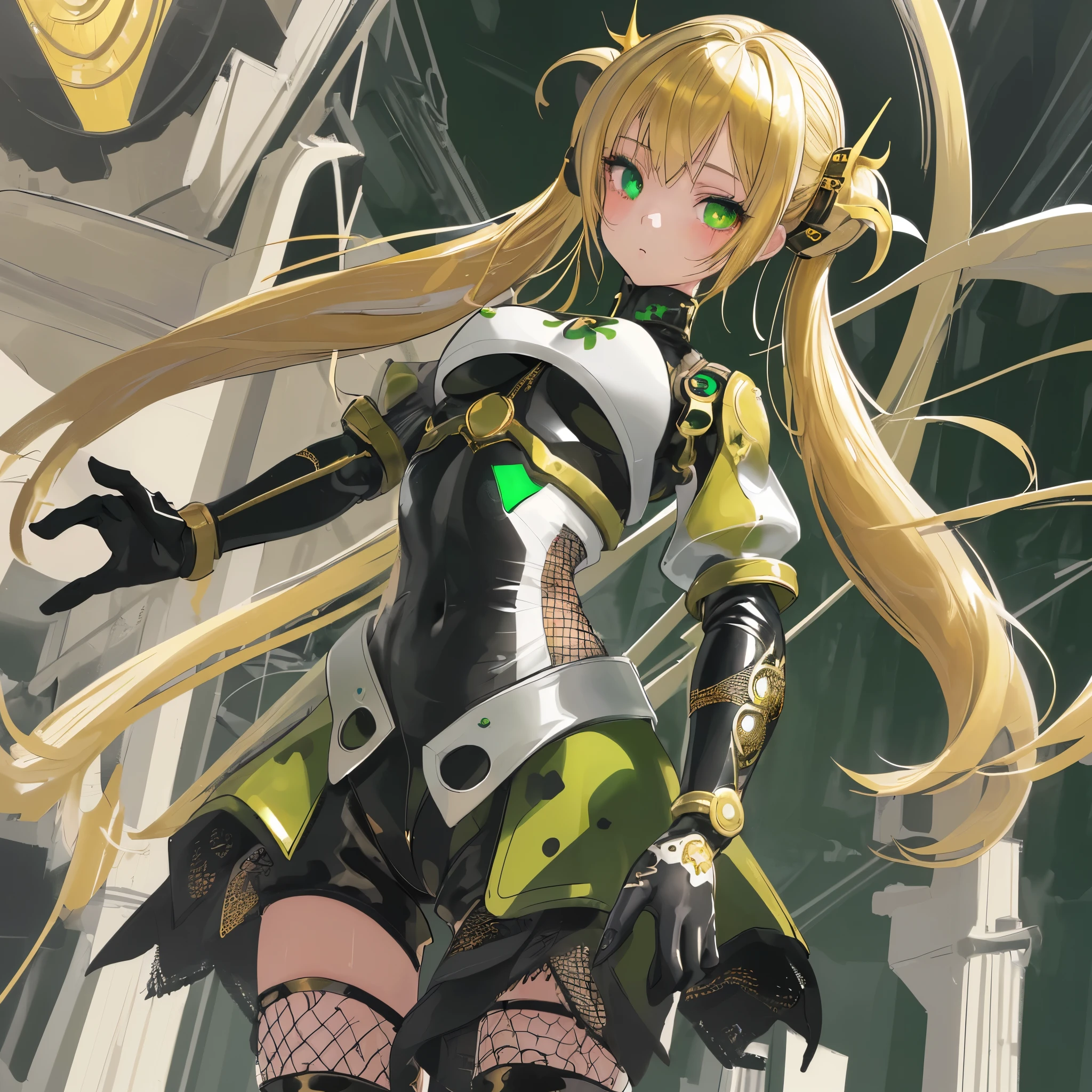 masterpiece, best quality, ultra-detailed, illustration, (1girl), beautiful detailed eyes, looking at viewer, (close up:0.9), gold hair, Twin tails, hot pants, mesh inner 、white knee socks, green eyes, black inner、standing、rubber suits