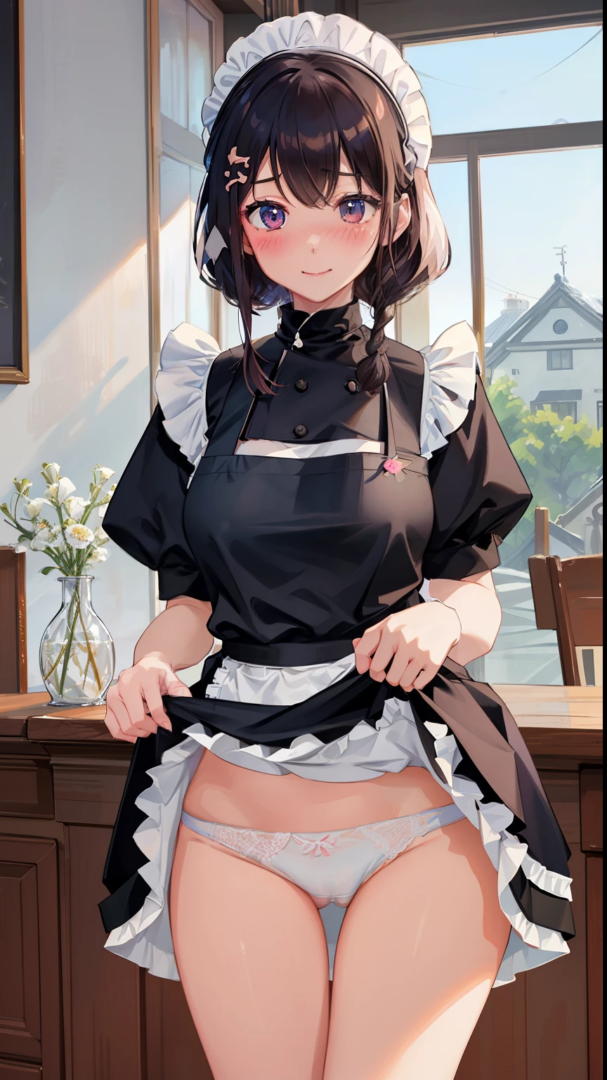 highest quality、masterpiece、((1 girl))、((smile))、(blush:1.3)、Black Shirt、blouse、((fun!!))、(Small breasts)、(single braid)、()、()、((White apron:1.5))、((Maid))、((hair ornaments)),、Kamimei、look at me、 ((in house:1.5))、 Taking a break from watching the audience、Cowboy Shot、(skirt lift:1.3),(Highly detailed white panties:1.3)、(highly detailed panties:1.3)、、(スカート that rolls up:1.3)、(Panties fully exposed:1.5)、