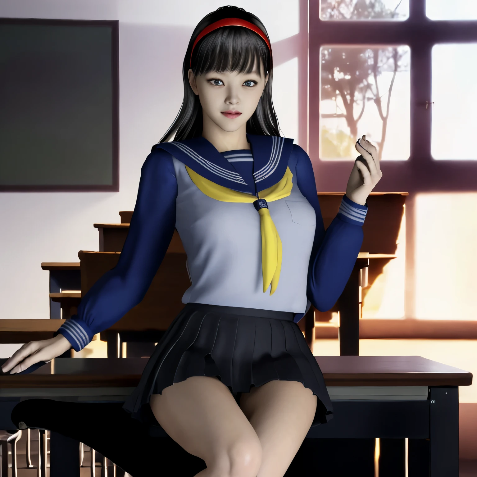 (Detailed CG、Unity、8K Wallpaper)、(Very delicate and beautiful)、(masterpiece)、(highest quality:1.2)、(超A high resolution:1.3)、(Beautiful realistic Asian),Beautiful lighting、Perfect Lightning、Realistic Shadows、Fine skin、Very detailed、Detailed face and eyes、Realistic eyes、Sharp pupils、Huge , In the classroom、School、sunset、Beautiful Face、blurred background、(Japanese women)、Glowing Skin、Side Up、美しいBlack Hair、Blunt bangs、Japan High School Sailor Uniform、Pleated mini skirt、A kind smile, ((Tabletop, highest quality)), (Glowing Skin), Cinematic lighting, Physically Based Rendering, Award-winning, Highly detailed skin, Highly detailed face, Beautiful eyes in every detail, Carl Zeiss 85mm F/1.4, (Cowgirl:1.3), (cumin , on the chest and thighs), she&#39;To a very cute 16 year old , (Black Hair, Straight Long Hair, Open your eyes, Round face), Big cleavage, (sailor blouse, Pull up the pleated skirt yourself:1.3), Watching from afar, (Spread your legs, Thigh Focus),art by、Black socks、Leather shoes、