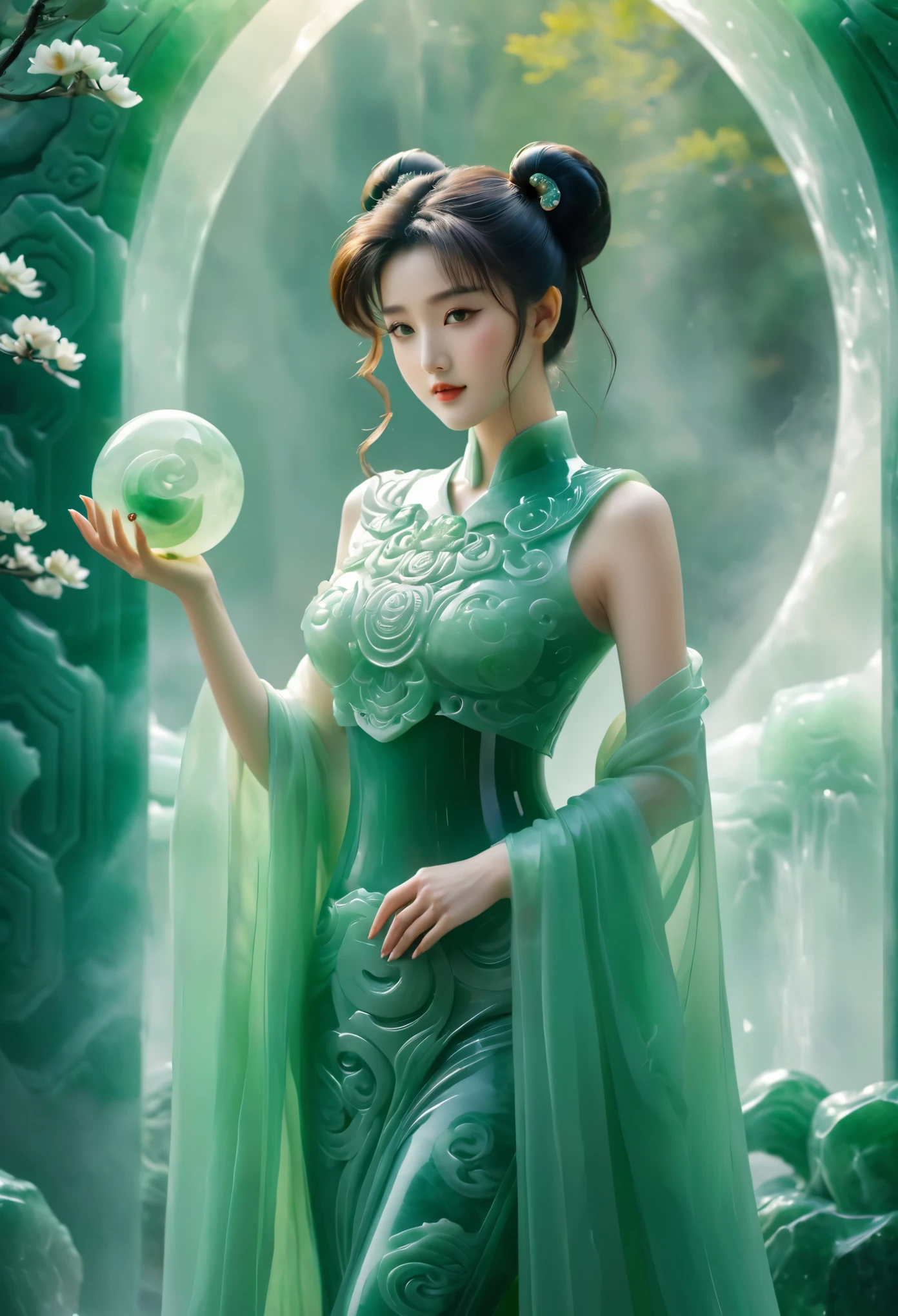 Photography of a lady standing before a massive jade screen adorned with a landscape carving, showcasing intricate details of mountains, rivers, and nature. The lady, is bishoujo_senshi_sailor_moon, realistic, jade leggings, solo,jade hair,ruby,Anatomically correct,jade suits,smile,beautiful. The contrast between the lady's presence and the elaborate jade artwork creates a striking composition that highlights the beauty of both the natural and artistic elements in the photograph