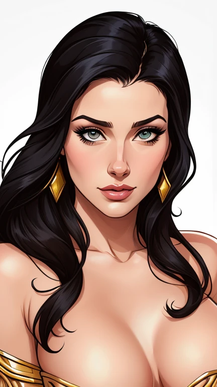 estilo de desenho (animado:1), mulher Imagem de desenho animado de uma mulher, Best Quality, Masterpiece, High Detail, Realistic, High Definition, Leanna Decker as (Dejah Thoris:1.2), (film Star:1), black hair, (gold jewelry:1), Ancient, Night, nearly naked, Seduction, an erotic face, expressive face, beautiful Martian princess, detailed exotic eye makeup, detailed face, detailed skin, (NSFW:1.3), garota super fofa, authoritarian would be facial expression, cartoon style illustration, estilo de arte dos desenhos animados, estilo de arte dos desenhos animados, digital illustration style, design de personagens altamente detalhado, arte digital detalhada fofa, City fan art, design de persona gem retrato, beautiful digital illustration, retrato de alta qualidade, arte em quadrinhos, retrato do design do personagem, white background Buso and (big breasts:1) female